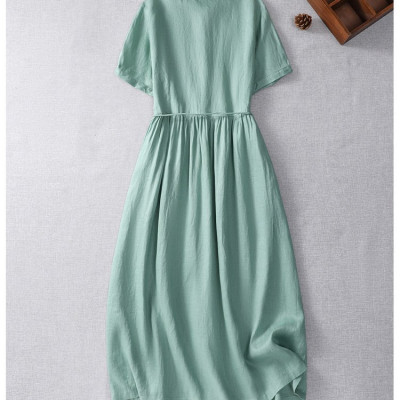 Đầm Linen Nữ Form Suông Cổ Sen, có dây buộc eo, thoáng mát Da216