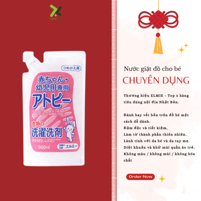 Nước giặt quần áo Elmie không chất phụ gia dành cho trẻ sơ sinh và trẻ nhỏ - Túi 800ml