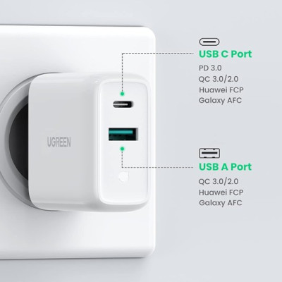 Củ Sạc nhanh 2 cổng USB A và USB Type-C 36W Ugreen 60468 màu trắng - Hàng chính hãng