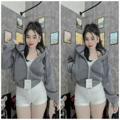 Áo khoác nỉ croptop tay dài trơn có mũ chùm đẹp hàng rất đẹp-A2029