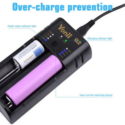 Bộ sạc pin YONII Q2 USB 2 Khe cắm cho 18650 18350 26650 10440 14500 16340 3.7V Li-ion AA AAA NiMH 