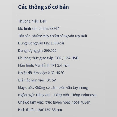Máy chấm công quét vân tay siêu nhạy Deli - Phù hợp cho cửa hàng, công ty, văn phòng, doanh nghiệp - Hàng chính hãng - Màu đen - E3747