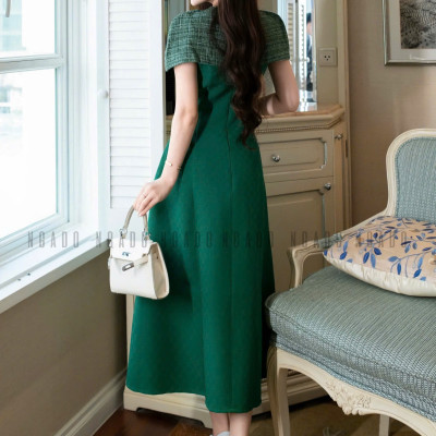 Đầm xanh lá phối tweed NGADO , đầm dự tiệc dáng dài , đầm thiết kế