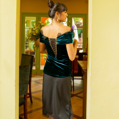  Áo Kiểu Nữ Cao Cấp Áo Trễ Vai Nhung Thời trang thiết kế Hity TOP115 (Xanh Hunter)