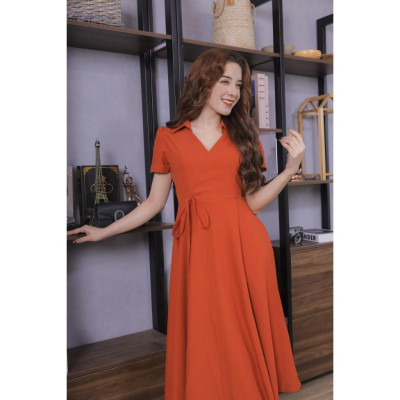 Váy Trơn Màu Cam Nơ Eo Cao Cấp 23V047 Pi Style