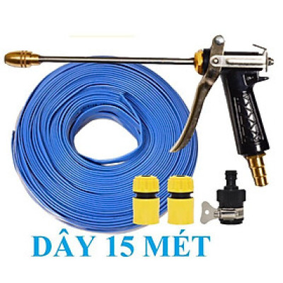 Bộ dây vòi xịt nước rửa xe, tưới cây . tăng áp 3 lần, loại 15m 206318 đầu đồng,cút,nối đen+ tặng mở chai