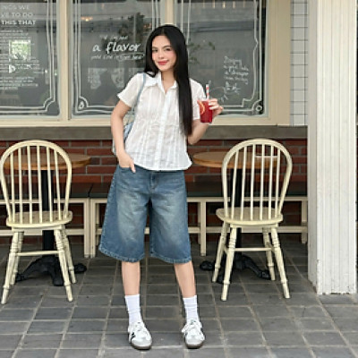 Quần short jeans lửng wash ống rộng phong cách trẻ trung Sani Miều Est.2013