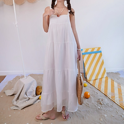 Đầm maxi nữ 2 dây dáng xòe tầng vải tơ phong cách tiểu thư đi biển Joyce Miều Est.2013