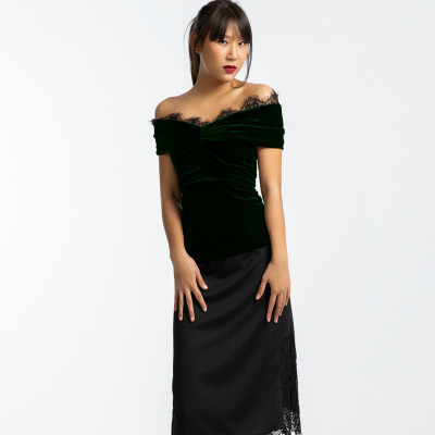  Áo Kiểu Nữ Cao Cấp Áo Trễ Vai Nhung Thời trang thiết kế Hity TOP115 (Xanh Hunter)