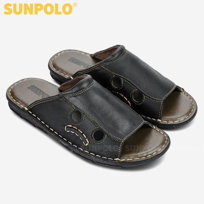 Dép Quai Ngang Nam Da Bò SUNPOLO AQN015 (Đen)