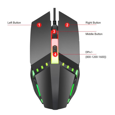Chuột HXSJ S200 văn phòng có dây công thái học, chơi game đầy màu sắc với DPI có thể điều chỉnh cho Máy tính xách tay PC Máy tính xách tay