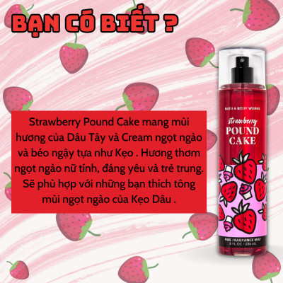 Body Mist Bath And Body Works Nam Nữ Chính Hãng Strawberry Pound Cake, Xịt Thơm Body Toàn Thân Hương Nước Hoa 236ml