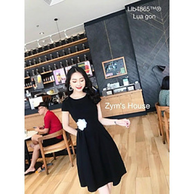 Đầm xòe màu đen ngực cài hoa hàng công sở size (40kg-50kg)