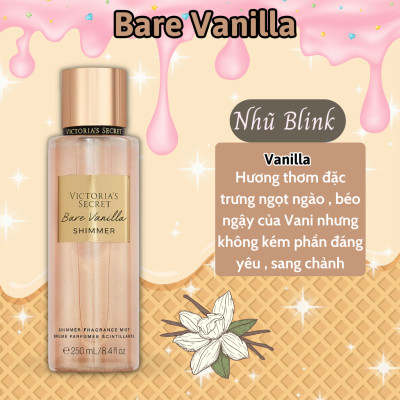 Body Mist Victoria Secret Chính Hãng Bare Vanilla Shimmer, Xịt Thơm Body Toàn Thân Hương Nước Hoa 250ml