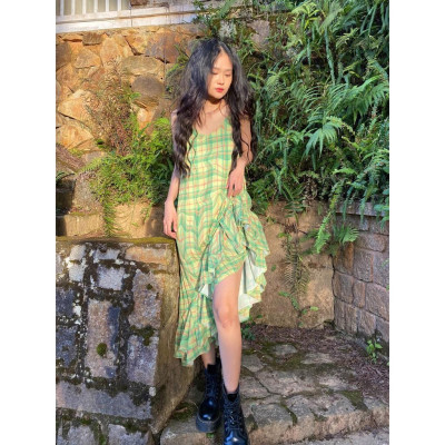 Đầm Hai Dây Maxi Chân Váy Xoè Xanh TARTAN - Tartan Dress SE / Green / Tartan Pattern 