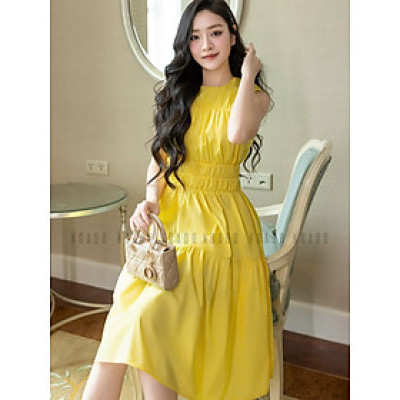 Đầm vàng nhún eo NGADO , đầm dài , đầm sát nách , đầm kiểu Nữ