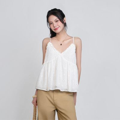 Áo 2 dây babydoll trắng thêu hoa cúc dễ thương Rumin Miều Est.2013