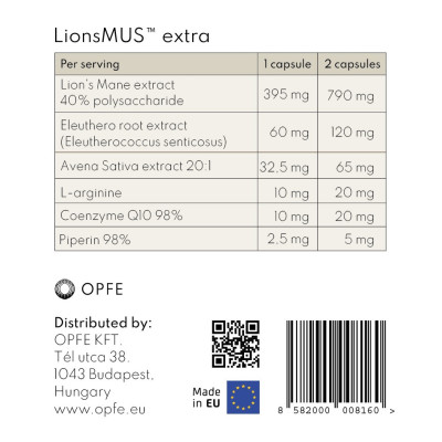 Thực phẩm BVSK OPFE LionsMUS extra capsules (60 viên), Hungary (Nấm Bờm Sư Tử)