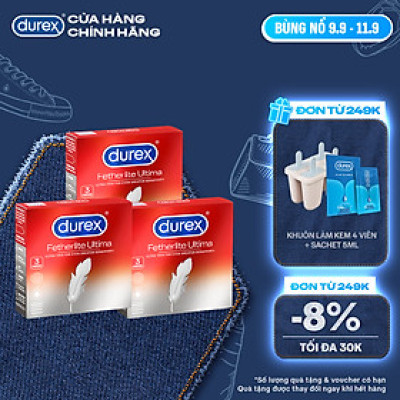 Bộ 3 hộp bao cao su Durex Fetherlite Ultima siêu mỏng, size 52 mm, 3 bao/hộp