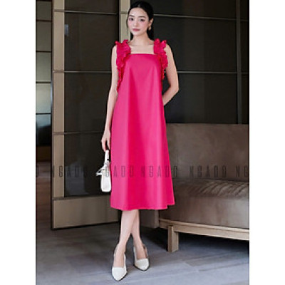 Đầm hồng sen nhún vai NGADO , đầm suông , đầm dài