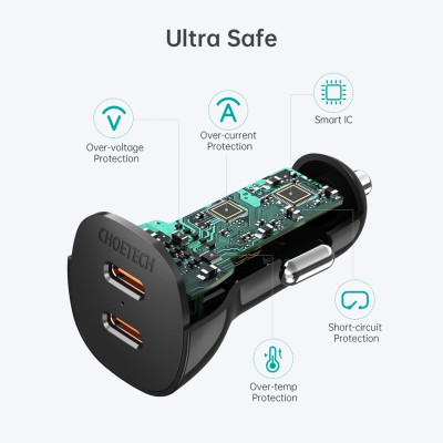 Tẩu sạc Choetech TC0008 nhanh trên ô tô 2 cổng Type C 40W  (hàng chính hãng)