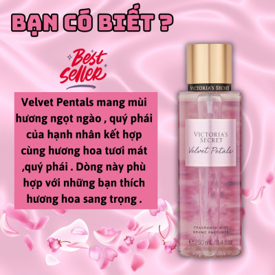 Body Mist Victoria Secret Chính Hãng Velvet Petals, Xịt Thơm Body Toàn Thân Hương Nước Hoa 250ml