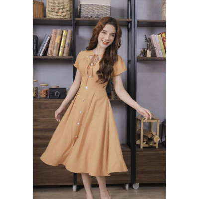 Váy Nữ Vải Xước Màu Be Cao Cấp 23V043 Pi Style