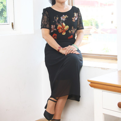 Đầm trung niên bigsize - Đầm xòe A voan hoa tay ren TIFALU900