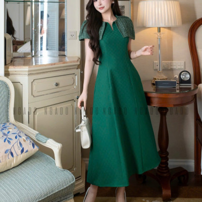 Đầm xanh lá phối tweed NGADO , đầm dự tiệc dáng dài , đầm thiết kế