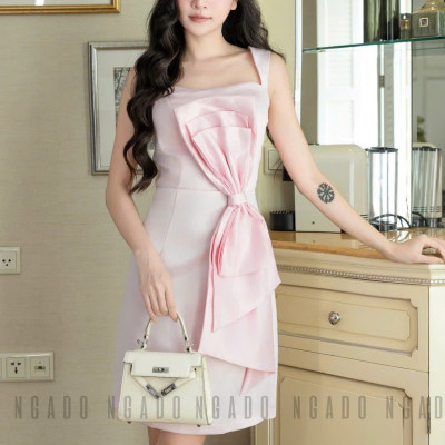 Đầm hồng nơ eo NGADO , đầm hồng dự tiệc , đầm công sở
