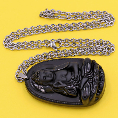 Vòng cổ mặt Phật A Di Đà - thạch anh đen 4.3cm DITTEO7 - dây inox - tuổi Tuất, Hợi