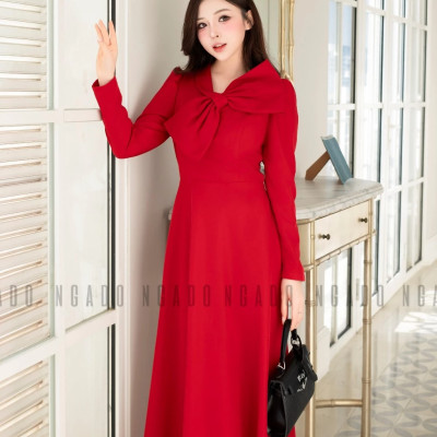 Đầm đỏ cổ phối nơ NGADO , đầm dự tiệc dáng dài