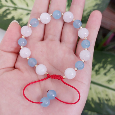 Vòng tay Nữ phong thủy đá mã não trắng mix đá Aqua và bi bạc dễ thương