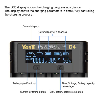 Bộ sạc pin YONII D4 LCD 18650 4 khe cắm cho pin 18650 21700 26650 Lithium AA AAA Nimh