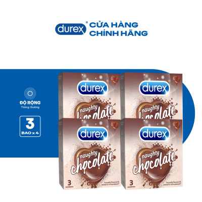 Bộ 4 hộp bao cao su Durex Naughty Chocolate hương socola, size 52mm, 3 bao/hộp