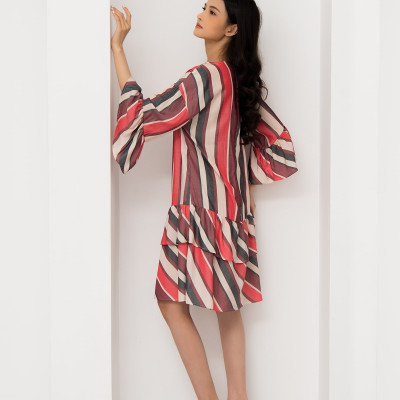 Đầm Lụa Xòe Midi Tay Loe Nhún Bèo 2 Tầng Maxivic, La Mộc - LM52101