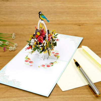 Thiệp 3D Pop Up Giỏ Hoa & Chim – Thiệp Hoa Chúc Mừng, Sinh Nhật, Tri Ân, Độc Đáo, F18
