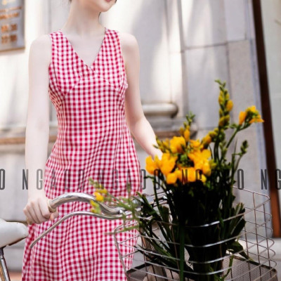 Đầm caro đỏ cổ tim NGADO , đầm nữ , Đầm vintage , Đầm mùa hè , Đầm dạo phố , Đầm xinh , Đầm thiết kế