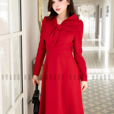 Đầm đỏ cổ phối nơ NGADO , đầm dự tiệc dáng dài