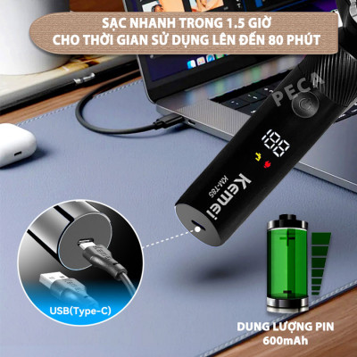 Máy cạo râu khô và ướt KEMEI KM-T85 chống thấm nước IPX6 công suất 8W sạc USB nhanh 1.5 giờ - Hàng chính hãng
