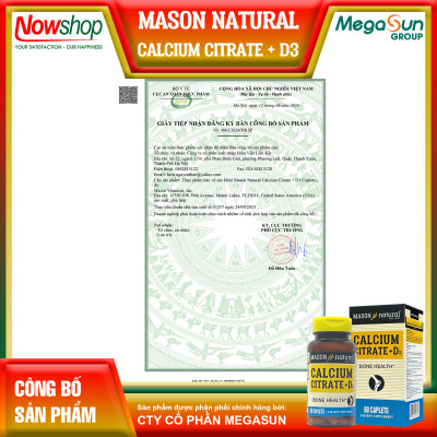 Calcium Citrate + D3 Mason Natural Hộp 60 viên canxi hữu cơ tăng chiều cao chắc xương không sỏi thận