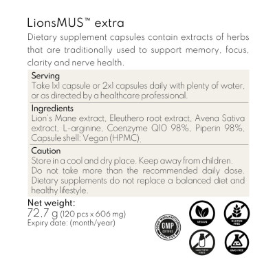 Thực phẩm BVSK OPFE LionsMUS extra capsules (60 viên), Hungary (Nấm Bờm Sư Tử)