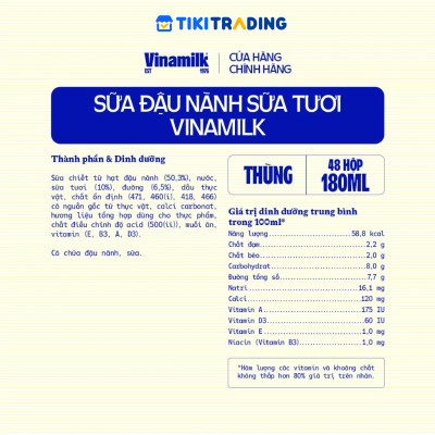 Thùng 48 hộp sữa đậu nành sữa tươi ít đường Vinamilk 180ml