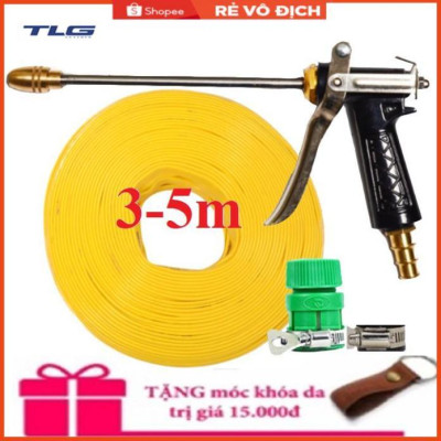 Bộ dây vòi xịt nước rửa xe,tưới cây .tăng áp 3 lần, loại 3m,5m 206318 đầu đồng,đai,nối nhựa vàng+ tặng móc khoá