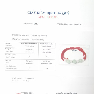 Combo Vòng đeo tay chỉ đỏ đính 7 hạt Ngọc Cẩm Thạch thiên nhiên 100%, Chu vi vòng 22cm, thiết kế co giãn, Kèm bản Photocopy GIẤY KIỂM ĐỊNH CỦA SJC LAB (Full mã số), KÈM túi đựng Cung Hỷ