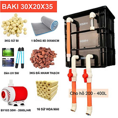 Bộ Lọc Nước Hồ Cá Koi 200-400L: Thùng Baki 3 Tầng, Bơm Baoyu 30W, Đèn UV 5W, Vật Liệu Lọc Đầy Đủ ( A)