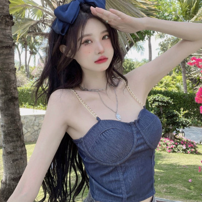 Áo Bra Nữ Dây Xích Chất Denim Mềm Dáng Lửng Sẵn Đệm Ngực Siêu Hot