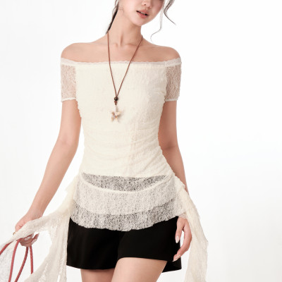 Áo trễ vai ren nhún bèo đính dây tiểu thư Cloudy Miều Est.2013