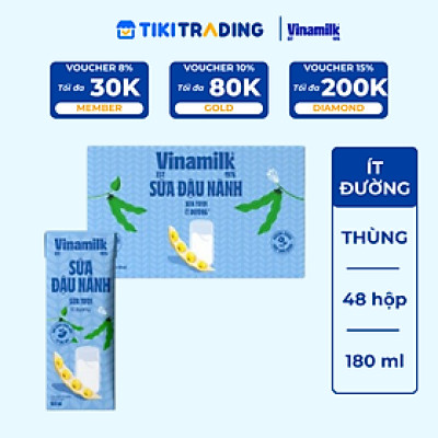 Thùng 48 hộp sữa đậu nành sữa tươi ít đường Vinamilk 180ml