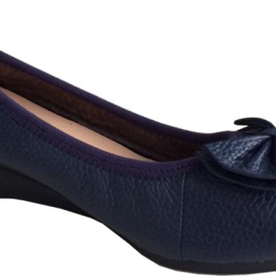 Giày đế xuồng nữ Trường Hải da bò thât màu xanh đen cao 3cm đế cao su dẻo không trơn DX189